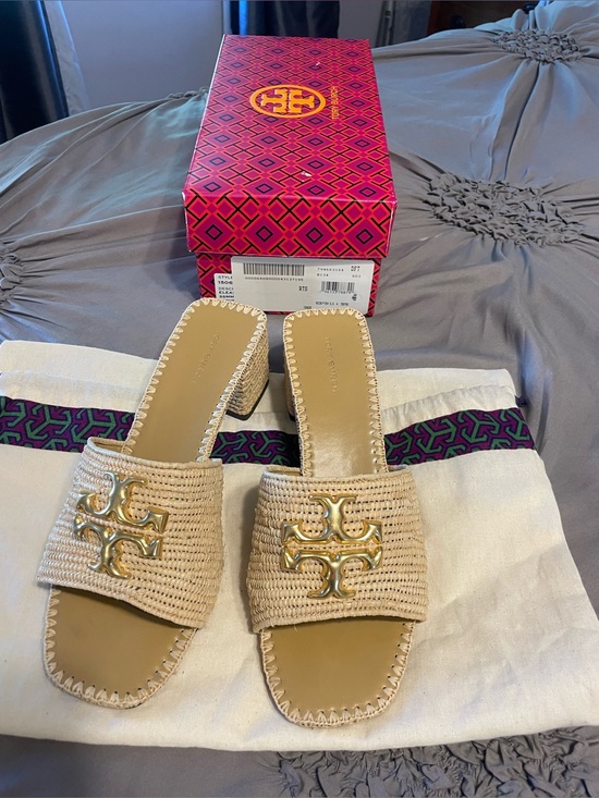 Shoes - TORY BURCH EVELYN RAFFIA SLIDE SANDALS SZ 6.5